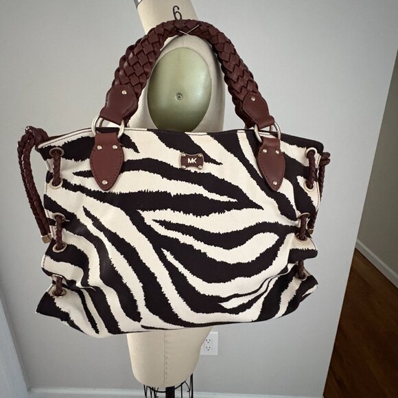 Michael Kors Cream Brown Zebra Canvas Purse Brown Leather Braided Handle New - Picture 1 of 10